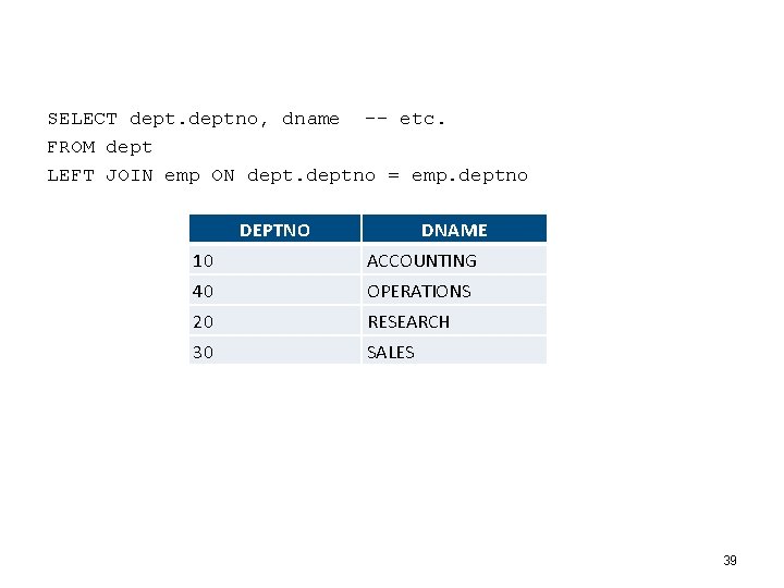 SELECT deptno, dname -- etc. FROM dept LEFT JOIN emp ON deptno = emp.