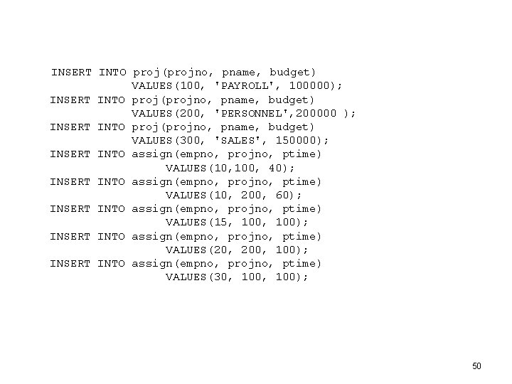  INSERT INTO proj(projno, pname, budget) VALUES(100, 'PAYROLL', 100000); INSERT INTO proj(projno, pname, budget)
