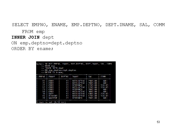 SELECT EMPNO, ENAME, EMP. DEPTNO, DEPT. DNAME, SAL, COMM FROM emp INNER JOIN