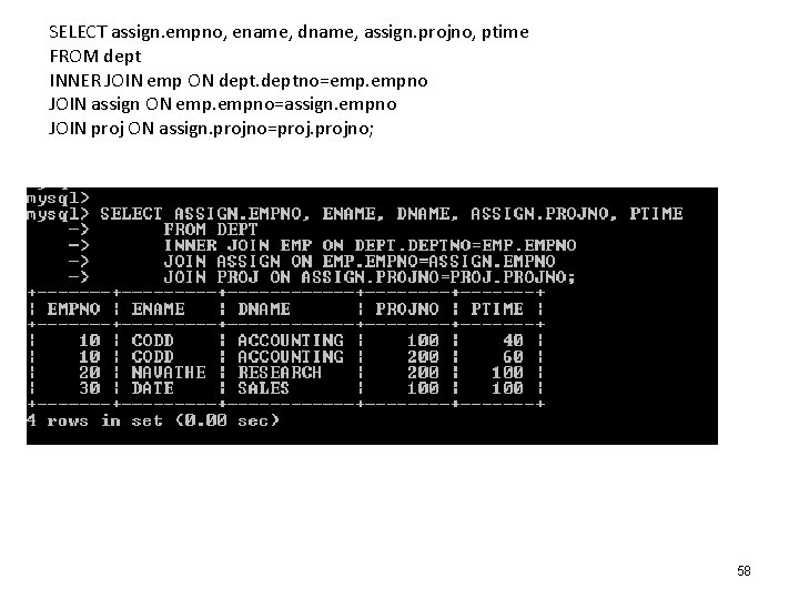 SELECT assign. empno, ename, dname, assign. projno, ptime FROM dept INNER JOIN emp ON