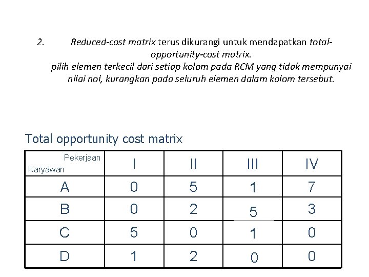 2. Reduced-cost matrix terus dikurangi untuk mendapatkan totalopportunity-cost matrix. pilih elemen terkecil dari setiap