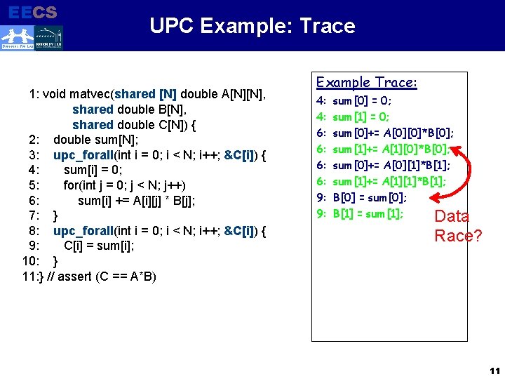 EECS Electrical Engineering and Computer Sciences UPC Example: Trace BERKELEY PAR LAB 1: void