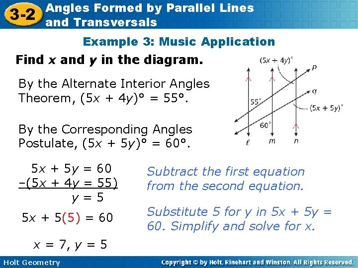 3 -2 Angles Formed by Parallel Lines and Transversals Example 3: Music Application Find