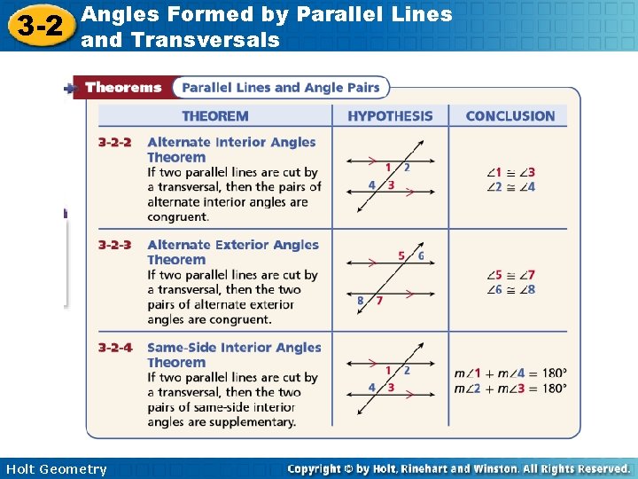 3 -2 Angles Formed by Parallel Lines and Transversals Holt Geometry 3 -2 Angles Formed by Parallel Lines and Transversals Holt Geometry