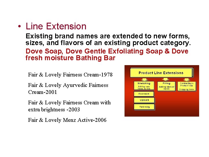  • Line Extension Existing brand names are extended to new forms, sizes, and