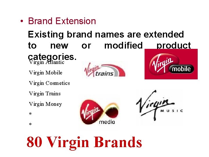  • Brand Extension Existing brand names are extended to new or modified product