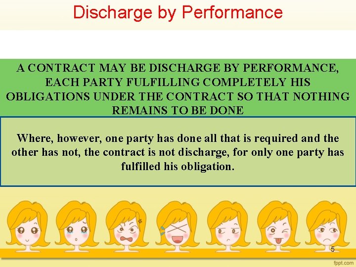 Discharge by Performance A CONTRACT MAY BE DISCHARGE BY PERFORMANCE, EACH PARTY FULFILLING COMPLETELY