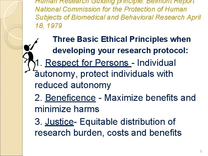 Human Research Guiding principle: Belmont Report National Commission for the Protection of Human Subjects