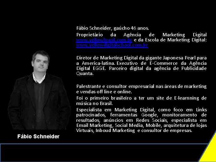 Fábio Schneider, gaúcho 46 anos. Proprietário da Agência de Marketing Digital www. yellowbrasil. com.