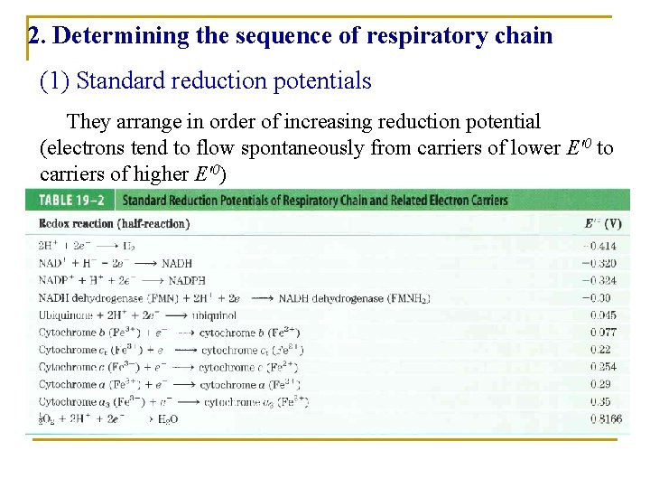  2. Determining the sequence of respiratory chain (1) Standard reduction potentials They arrange