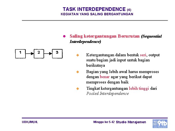 TASK INTERDEPENDENCE (4) KEGIATAN YANG SALING BERGANTUNGAN l Saling ketergantungan Berurutan (Sequential Interdependence) u