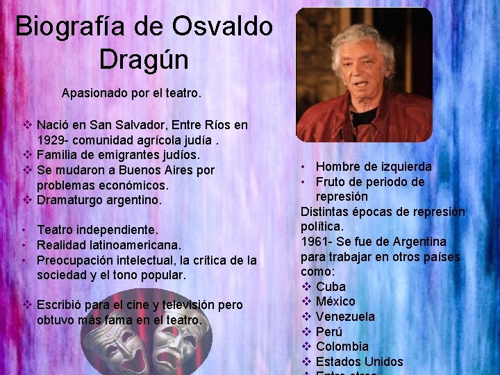 Biografía de Osvaldo Dragún Apasionado por el teatro. v Nació en Salvador, Entre Ríos