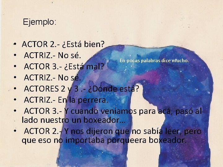 Ejemplo: ACTOR 2. - ¿Está bien? ACTRIZ. - No sé. En pocas palabras dice