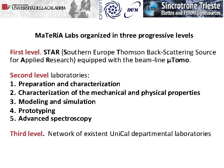 Ma. Te. Ri. A Labs organized in three progressive levels First level. STAR (Southern