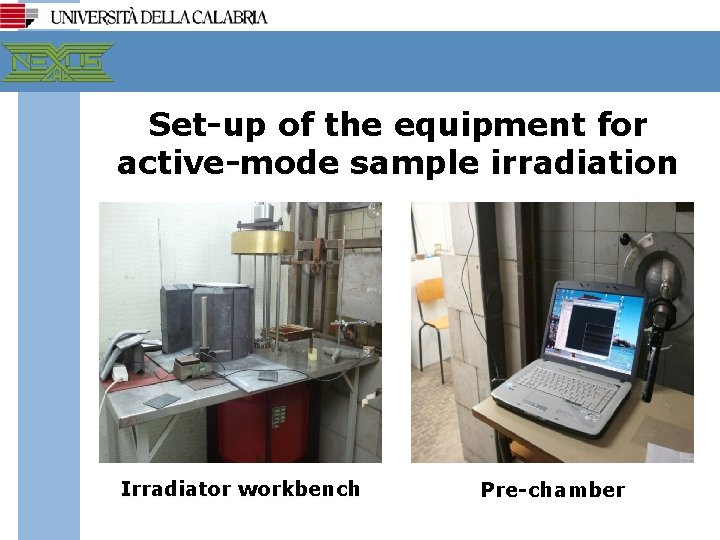 Set-up of the equipment for active-mode sample irradiation Irradiator workbench Pre-chamber 