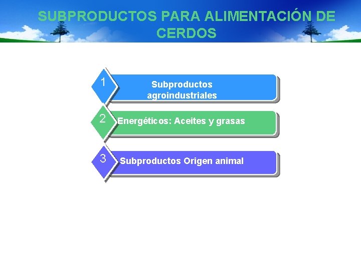 SUBPRODUCTOS PARA ALIMENTACIÓN DE CERDOS 1 Subproductos agroindustriales 2 Energéticos: Aceites y grasas 3