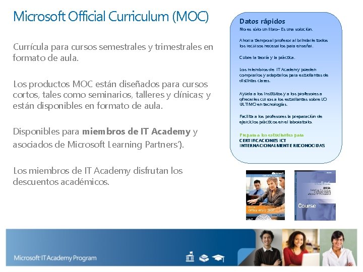 Microsoft Official Curriculum (MOC) Datos rápidos No es sólo un libro– Es una solución.