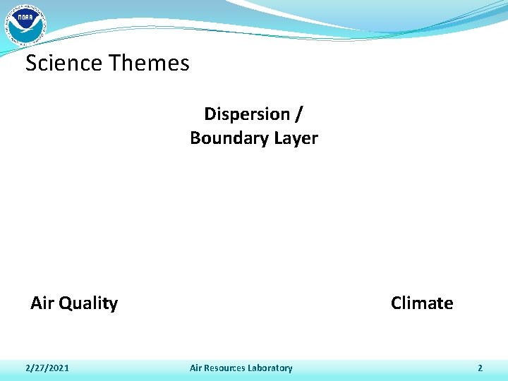 Science Themes Dispersion / Boundary Layer Air Quality 2/27/2021 Climate Air Resources Laboratory 2