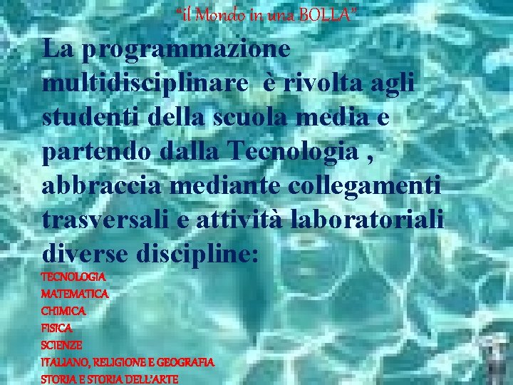 “il Mondo in una BOLLA” La programmazione multidisciplinare è rivolta agli studenti della scuola