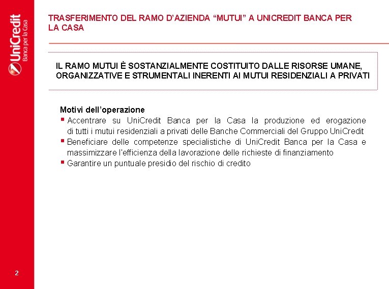 TRASFERIMENTO DEL RAMO D’AZIENDA “MUTUI” A UNICREDIT BANCA PER LA CASA IL RAMO MUTUI