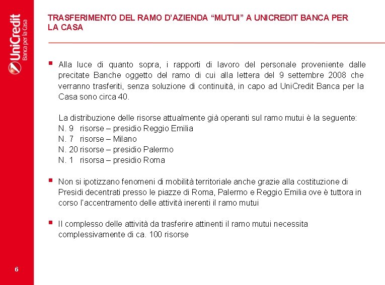 TRASFERIMENTO DEL RAMO D’AZIENDA “MUTUI” A UNICREDIT BANCA PER LA CASA § Alla luce