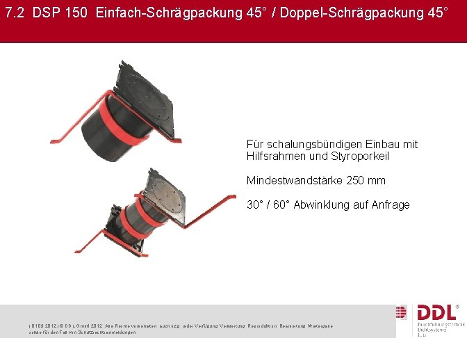 7. 2 DSP 150 Einfach-Schrägpackung 45° / Doppel-Schrägpackung 45° Für schalungsbündigen Einbau mit Hilfsrahmen