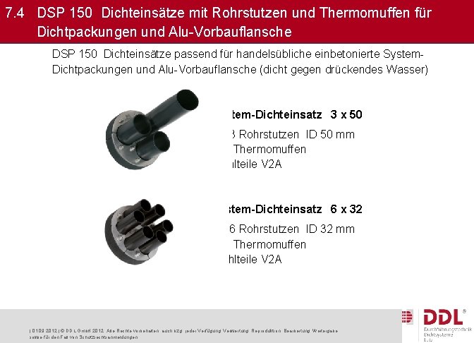 7. 4 DSP 150 Dichteinsätze mit Rohrstutzen und Thermomuffen für Dichtpackungen und Alu-Vorbauflansche DSP