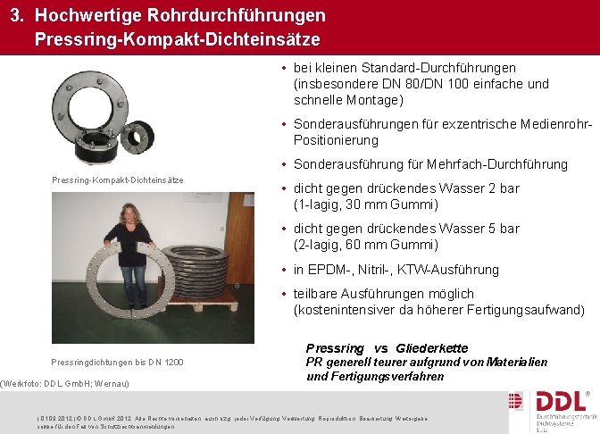 3. Hochwertige Rohrdurchführungen Pressring-Kompakt-Dichteinsätze • bei kleinen Standard-Durchführungen (insbesondere DN 80/DN 100 einfache und