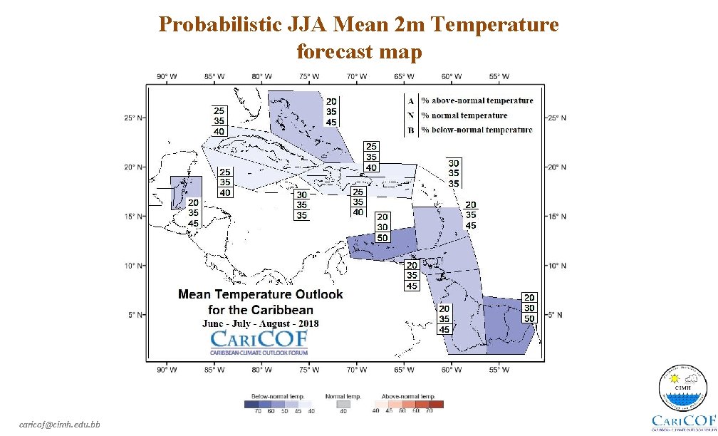 Probabilistic JJA Mean 2 m Temperature forecast map caricof@cimh. edu. bb 