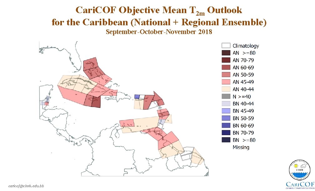 Cari. COF Objective Mean T 2 m Outlook for the Caribbean (National + Regional