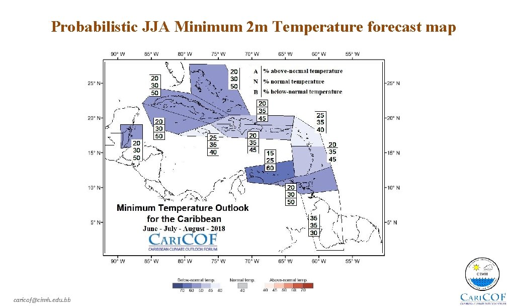 Probabilistic JJA Minimum 2 m Temperature forecast map caricof@cimh. edu. bb 