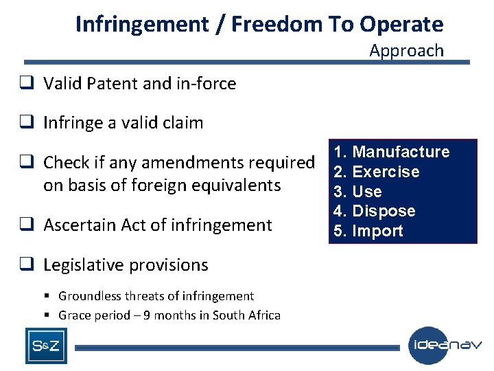 Infringement / Freedom To Operate Approach q Valid Patent and in-force q Infringe a
