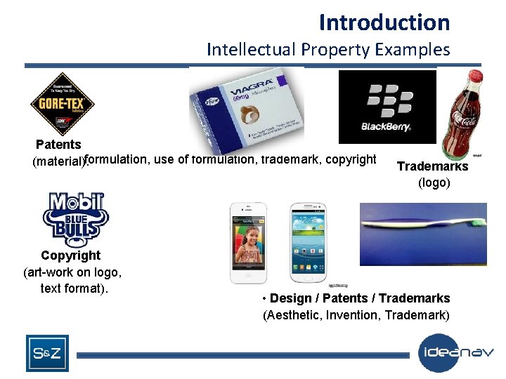 Introduction Intellectual Property Examples Patents (material). formulation, use of formulation, trademark, copyright Copyright (art-work