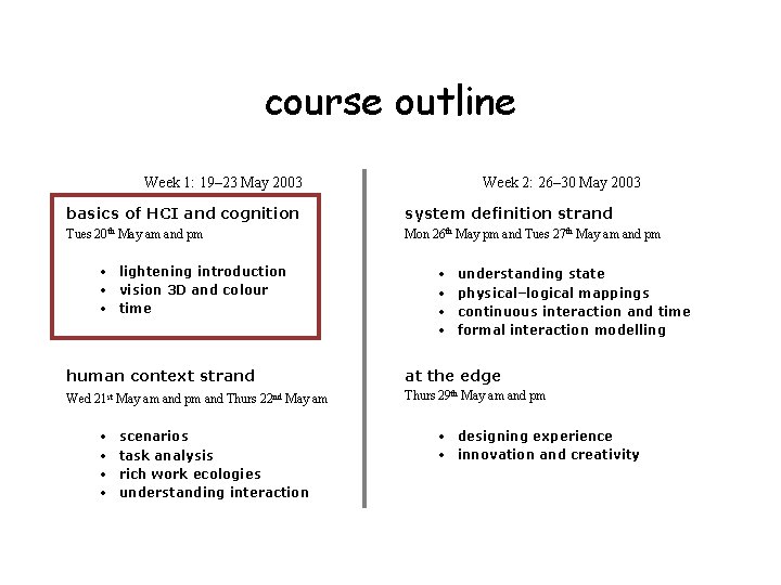 course outline Week 1: 19– 23 May 2003 Week 2: 26– 30 May 2003
