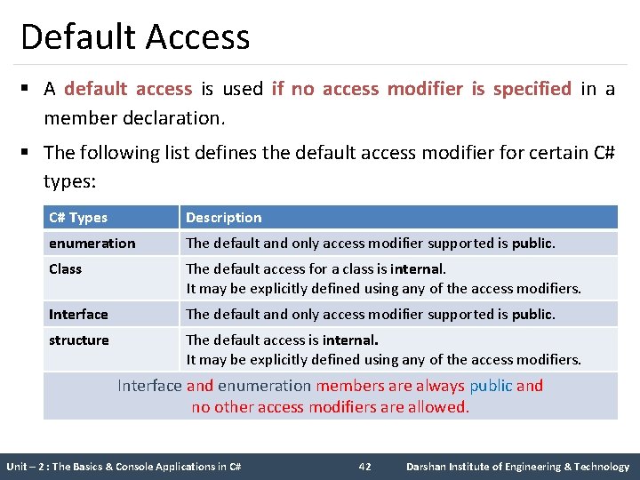 Default Access § A default access is used if no access modifier is specified Default Access § A default access is used if no access modifier is specified