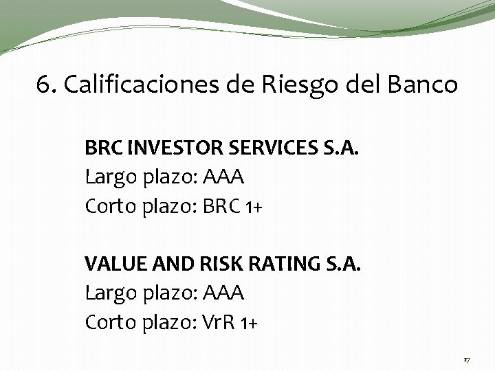 6. Calificaciones de Riesgo del Banco BRC INVESTOR SERVICES S. A. Largo plazo: AAA