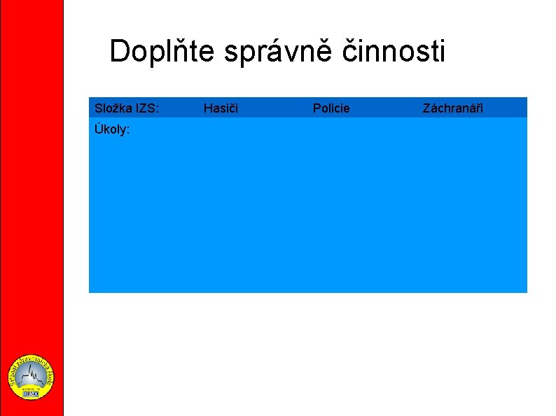 Doplňte správně činnosti Složka IZS: Úkoly: Hasiči Policie Záchranáři 