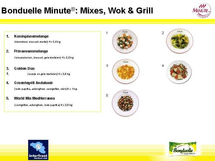 Bonduelle Minute®: Mixes, Wok & Grill 1. Koninginnemelange 1 2 3 4 (bloemkool, broccoli,