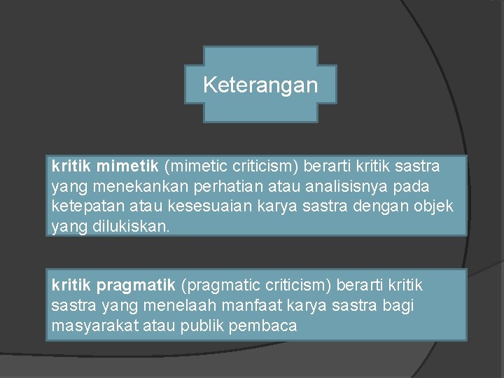 Keterangan kritik mimetik (mimetic criticism) berarti kritik sastra yang menekankan perhatian atau analisisnya pada