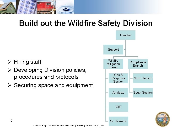 Build out the Wildfire Safety Division Director Support Ø Hiring staff Ø Developing Division