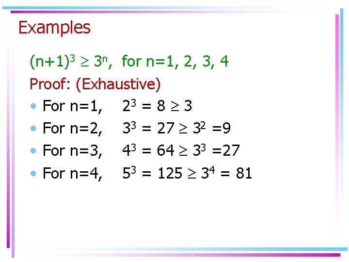 Examples (n+1)3 3 n, for n=1, 2, 3, 4 Proof: (Exhaustive) • For n=1,