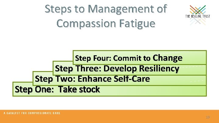 Steps to Management of Compassion Fatigue Step Four: Commit to Change Step Three: Develop