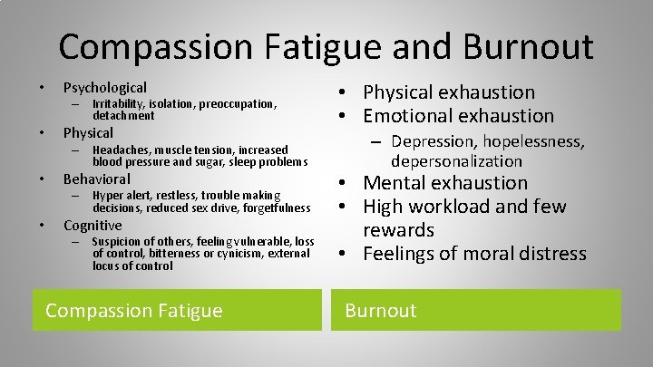 Compassion Fatigue and Burnout • Psychological – Irritability, isolation, preoccupation, detachment • Physical –