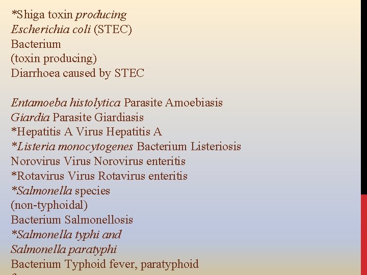 *Shiga toxin producing Escherichia coli (STEC) Bacterium (toxin producing) Diarrhoea caused by STEC Entamoeba