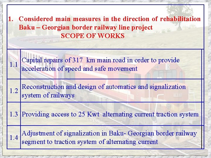 1. Considered main measures in the direction of rehabilitation Baku – Georgian border railway
