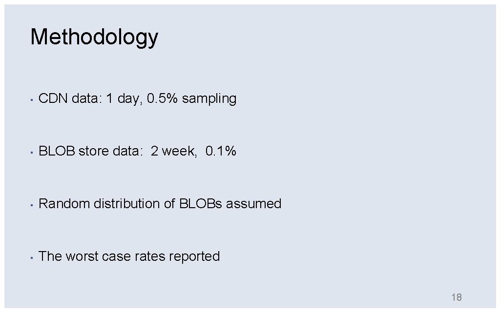 Methodology ▪ CDN data: 1 day, 0. 5% sampling ▪ BLOB store data: 2