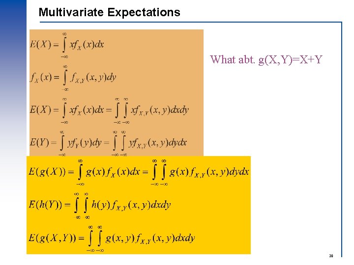 Multivariate Expectations What abt. g(X, Y)=X+Y 20 Multivariate Expectations What abt. g(X, Y)=X+Y 20