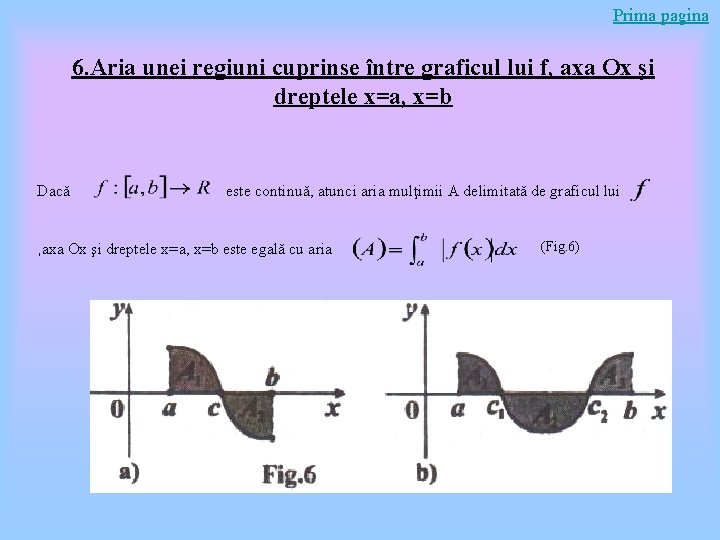 Prima pagina 6. Aria unei regiuni cuprinse între graficul lui f, axa Ox şi Prima pagina 6. Aria unei regiuni cuprinse între graficul lui f, axa Ox şi