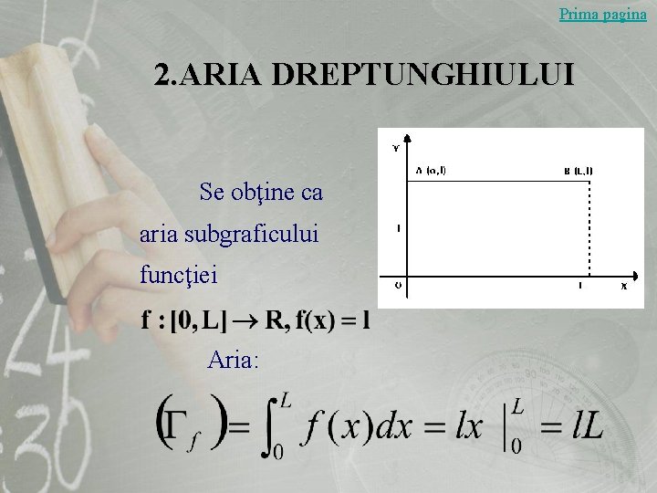 Prima pagina 2. ARIA DREPTUNGHIULUI Se obţine ca aria subgraficului funcţiei Aria: Prima pagina 2. ARIA DREPTUNGHIULUI Se obţine ca aria subgraficului funcţiei Aria: