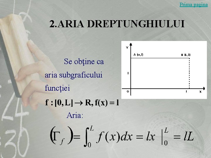 Prima pagina 2. ARIA DREPTUNGHIULUI Se obţine ca aria subgraficului funcţiei Aria: 